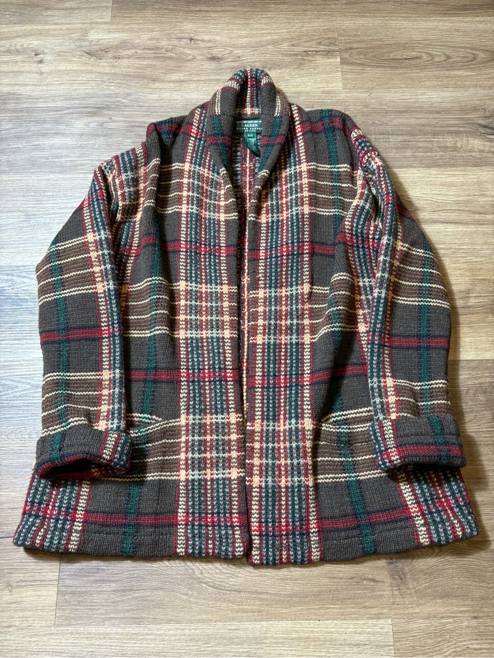 Women’s Vintage Lauren Ralph Lauren Hand Knit Plaid Cardigan Sweater Lambswool